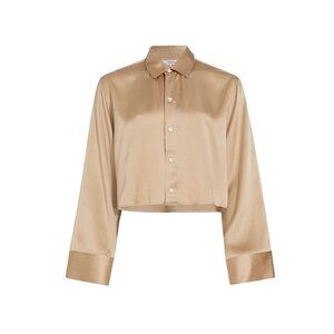 Frame Silk Wide Sleeve Cropped Blouse Shirt Top Womens XL Khaki Tan Button Down